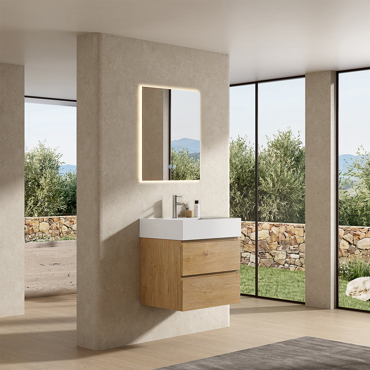 Mobile bagno sospeso 60 cm Bruno Medio Lavabo in Resina Specchio Quadro Retroilluminato - Fiji Wood