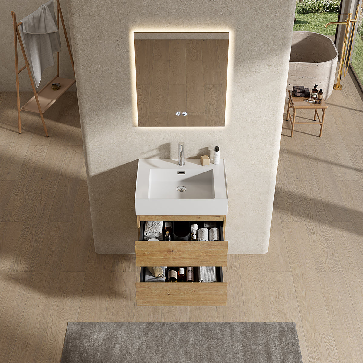 Mobile bagno sospeso 60 cm Bruno Medio Lavabo in Resina Specchio Quadro Retroilluminato - Fiji Wood