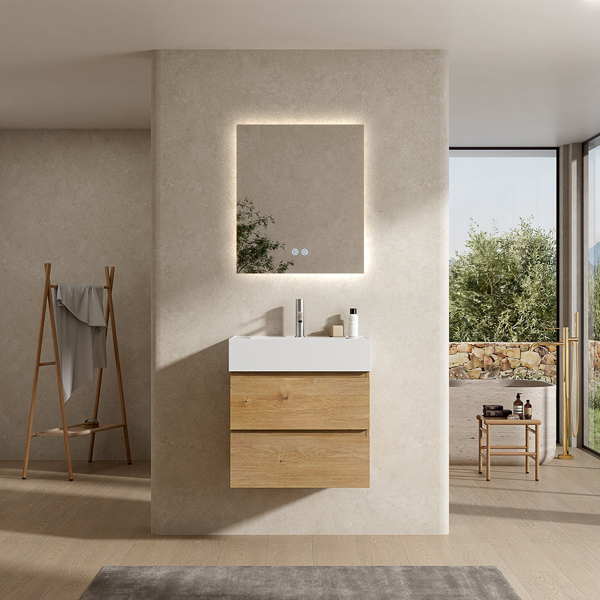 Mobile bagno sospeso 60 cm Bruno Medio Lavabo in Resina Specchio Quadro Retroilluminato - Fiji Wood