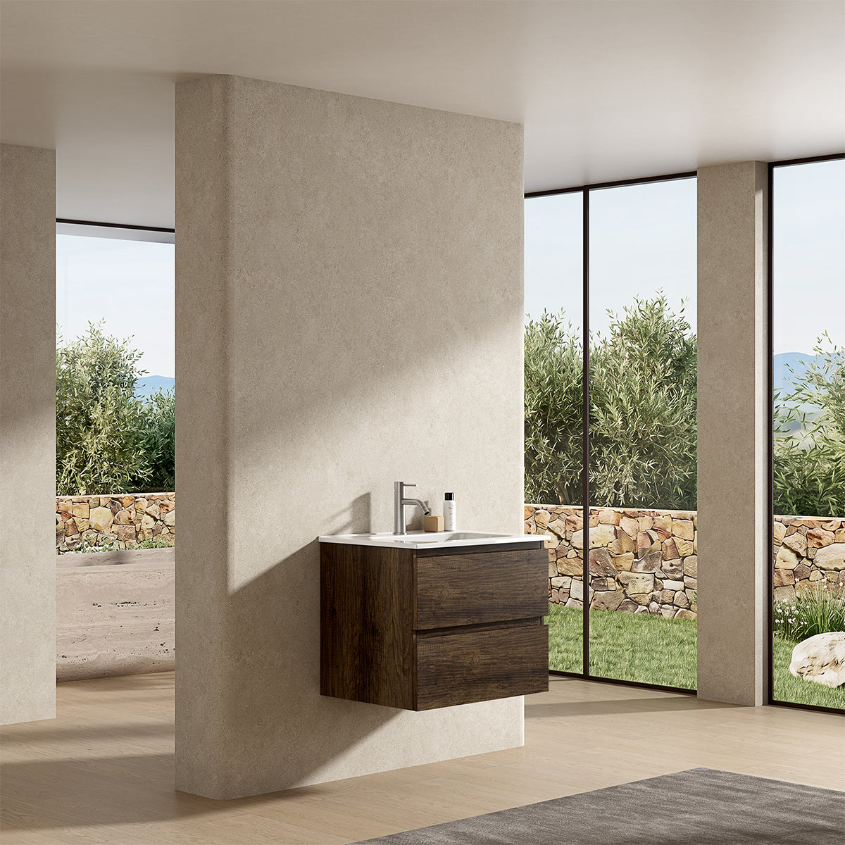 Mobile bagno sospeso 60 cm Bruno Scuro Lavabo in Ceramica Senza Specchio - Fiji Wood