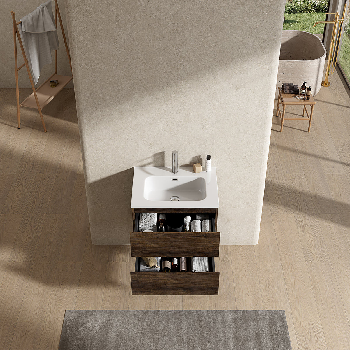 Mobile bagno sospeso 60 cm Bruno Scuro Lavabo in Ceramica Senza Specchio - Fiji Wood
