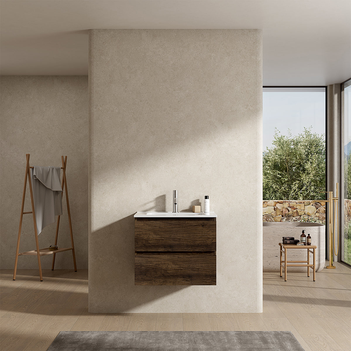 Mobile bagno sospeso 60 cm Bruno Scuro Lavabo in Ceramica Senza Specchio - Fiji Wood