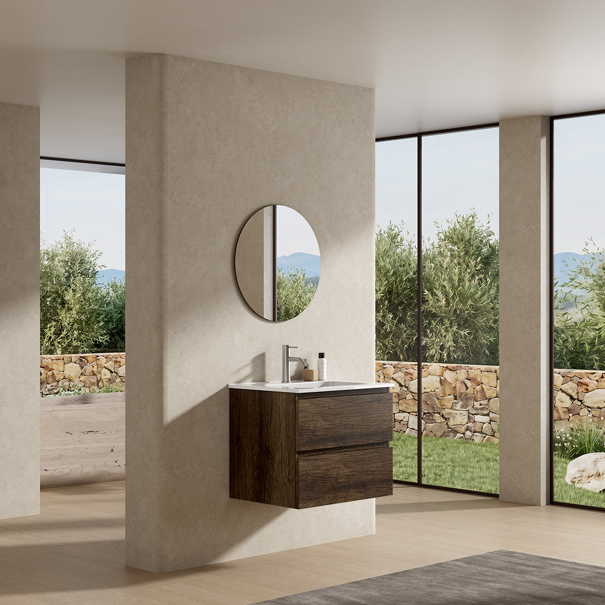 Mobile bagno sospeso 60 cm Bruno Scuro Lavabo in Ceramica Specchio Tondo - Fiji Wood