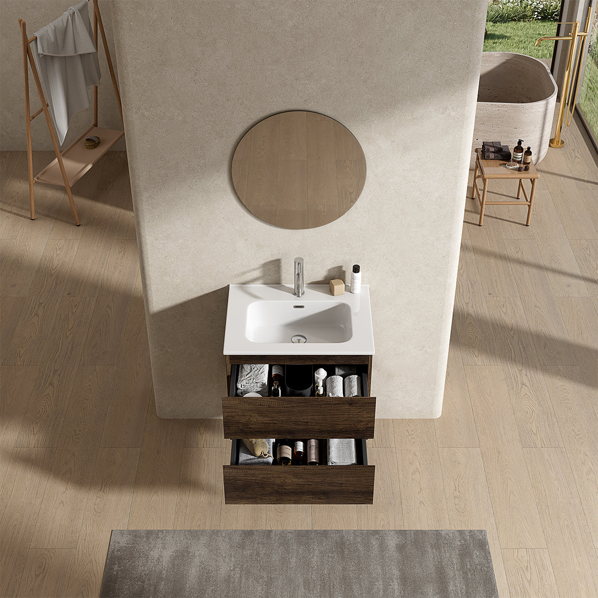 Mobile bagno sospeso 60 cm Bruno Scuro Lavabo in Ceramica Specchio Tondo - Fiji Wood