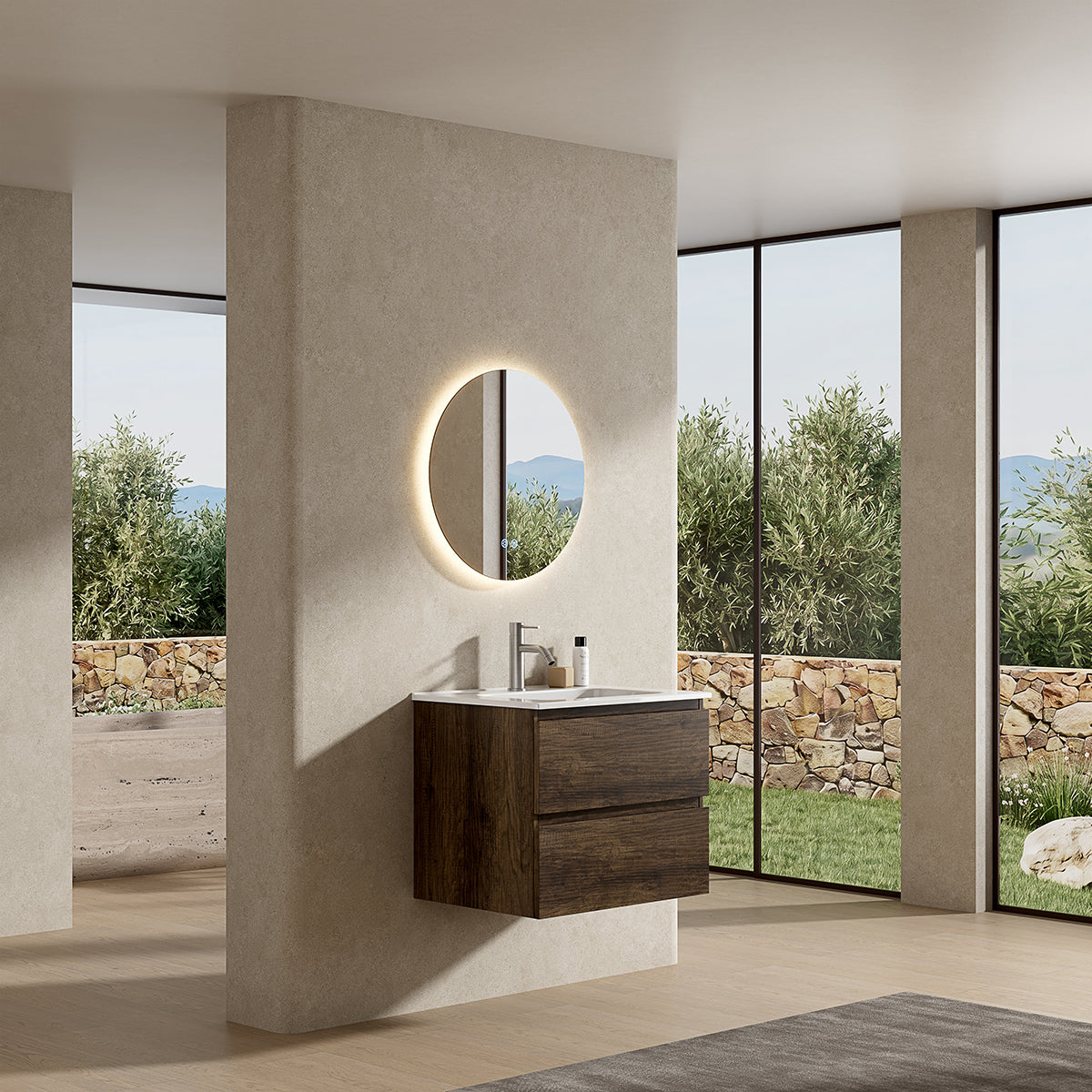 Mobile bagno sospeso 60 cm Bruno Scuro Lavabo in Ceramica Specchio Tondo Retroilluminato - Fiji Wood