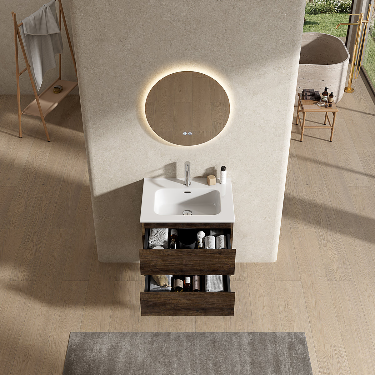 Mobile bagno sospeso 60 cm Bruno Scuro Lavabo in Ceramica Specchio Tondo Retroilluminato - Fiji Wood