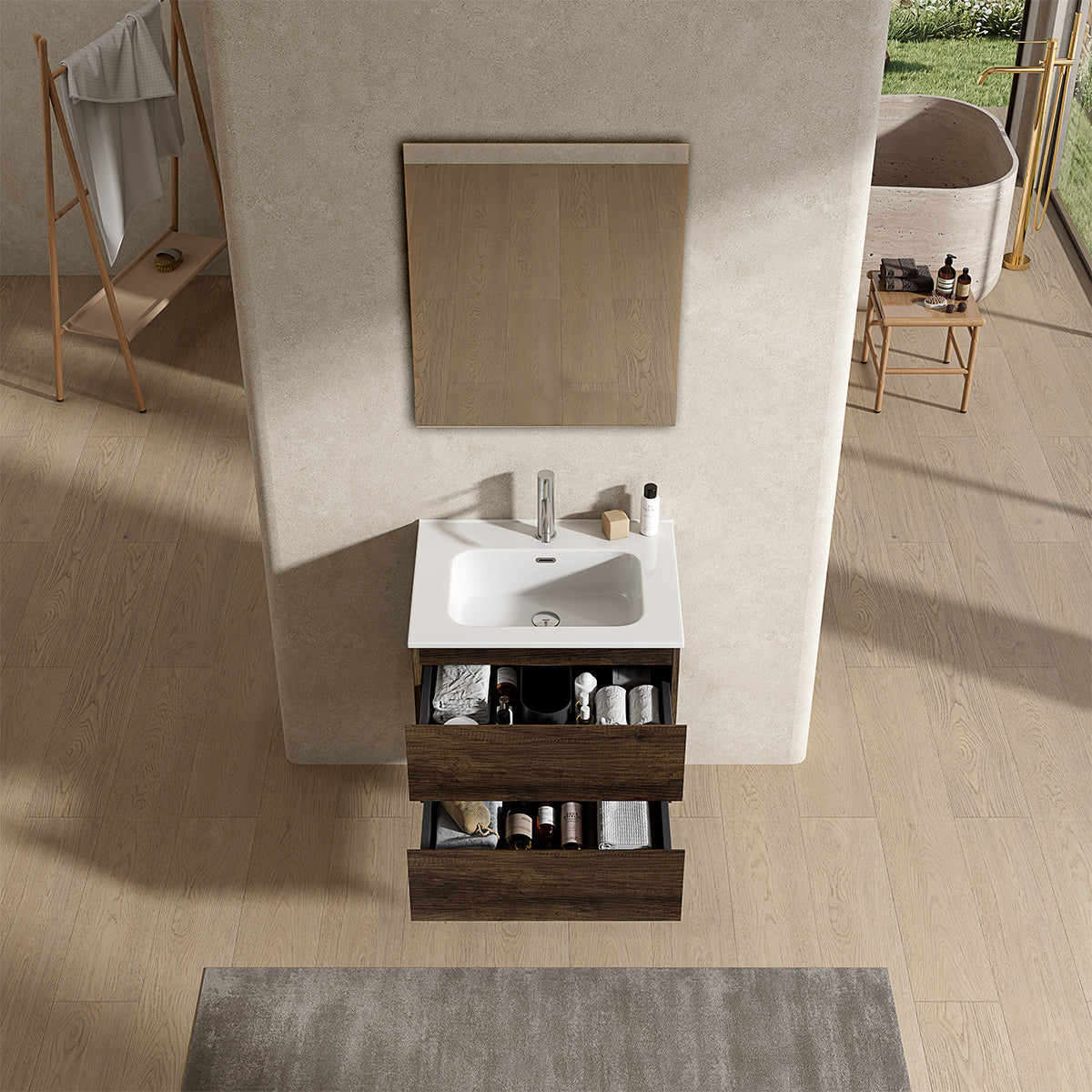 Mobile bagno sospeso 60 cm Bruno Scuro Lavabo in Ceramica Specchio Quadro - Fiji Wood