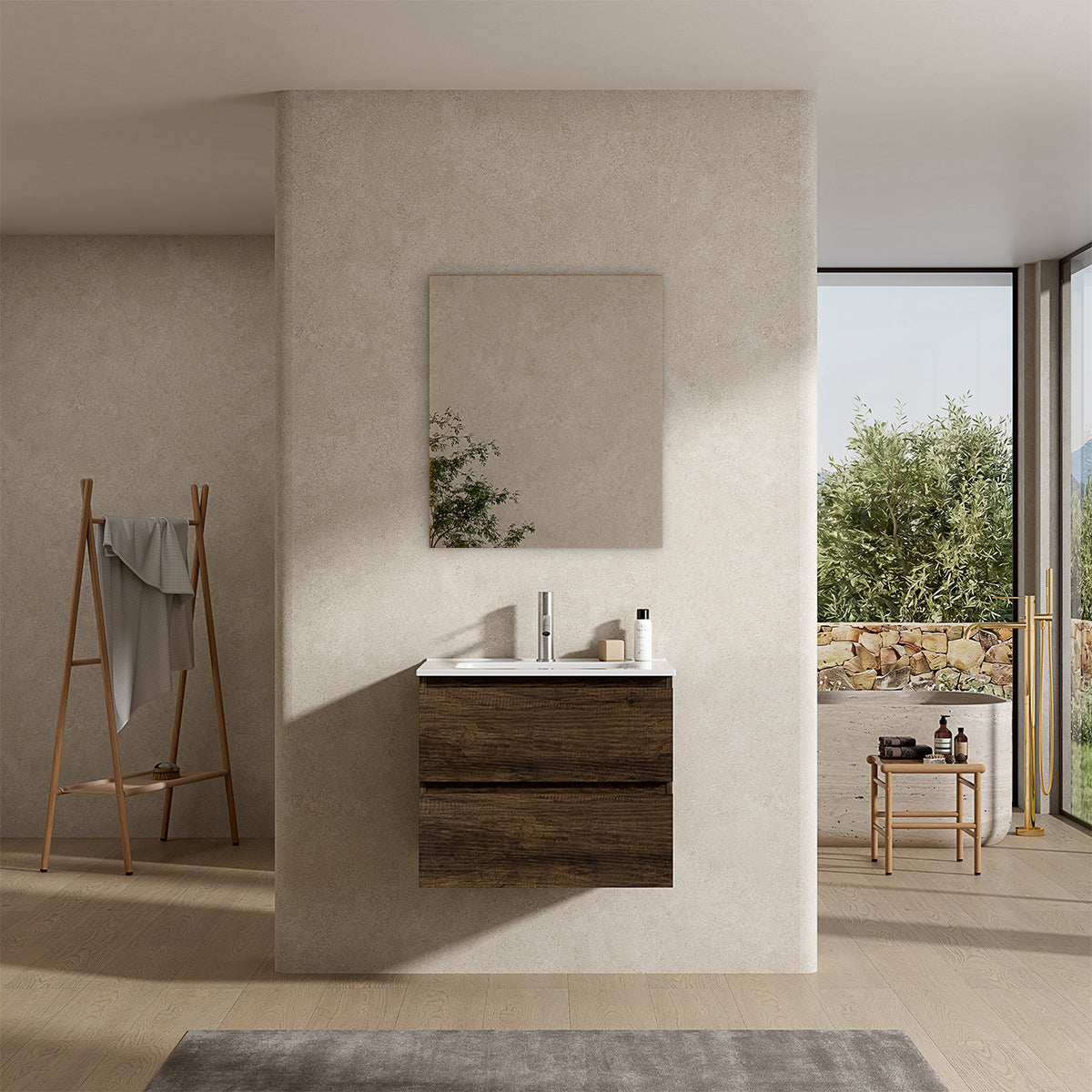 Mobile bagno sospeso 60 cm Bruno Scuro Lavabo in Ceramica Specchio Quadro - Fiji Wood