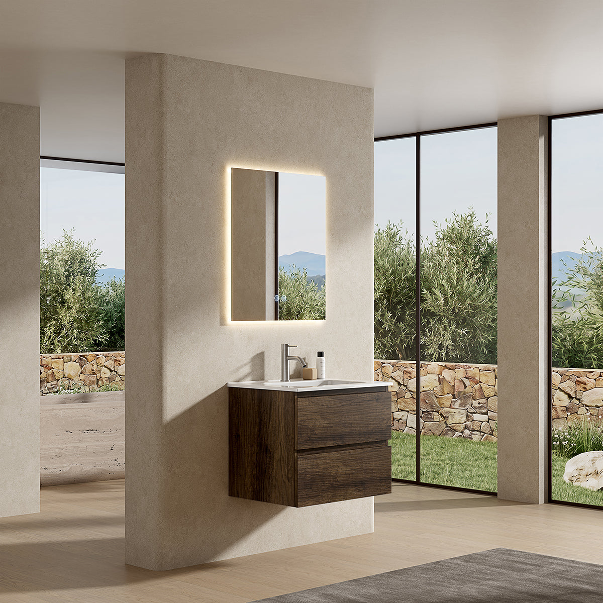 Mobile bagno sospeso 60 cm Bruno Scuro Lavabo in Ceramica Specchio Quadro Retroilluminato - Fiji Wood