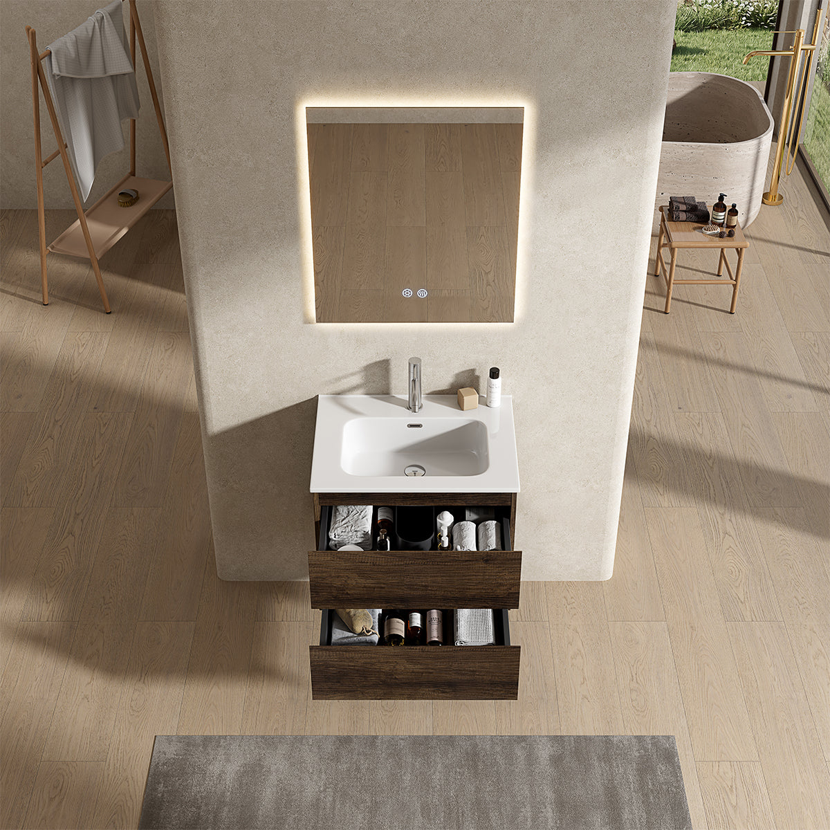 Mobile bagno sospeso 60 cm Bruno Scuro Lavabo in Ceramica Specchio Quadro Retroilluminato - Fiji Wood