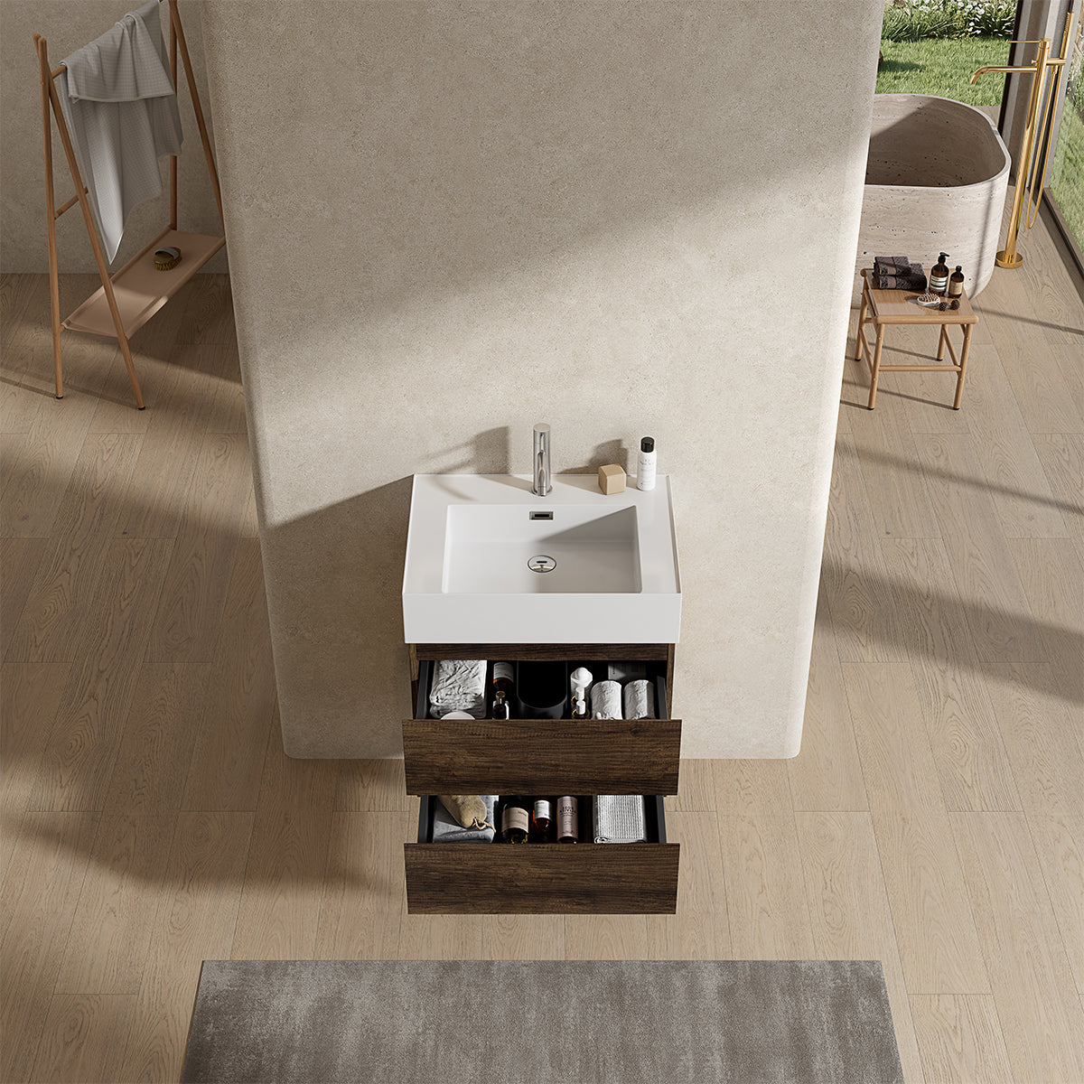 Mobile bagno sospeso 60 cm Bruno Scuro Lavabo in Resina Senza Specchio - Fiji Wood