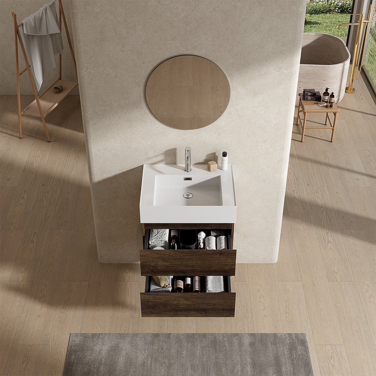 Mobile bagno sospeso 60 cm Bruno Scuro Lavabo in Resina Specchio Tondo - Fiji Wood