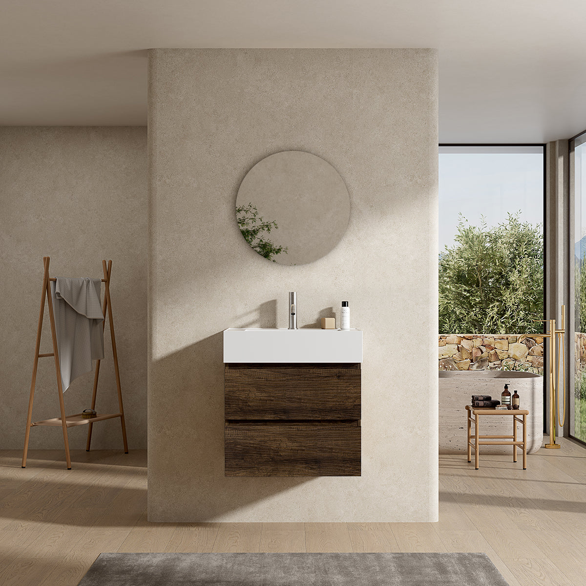 Mobile bagno sospeso 60 cm Bruno Scuro Lavabo in Resina Specchio Tondo - Fiji Wood