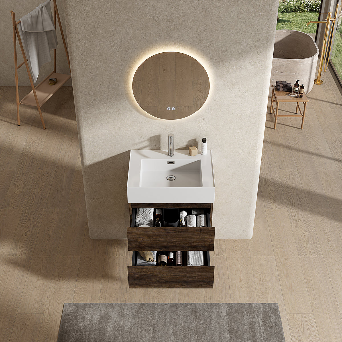 Mobile bagno sospeso 60 cm Bruno Scuro Lavabo in Resina Specchio Tondo Retroilluminato - Fiji Wood
