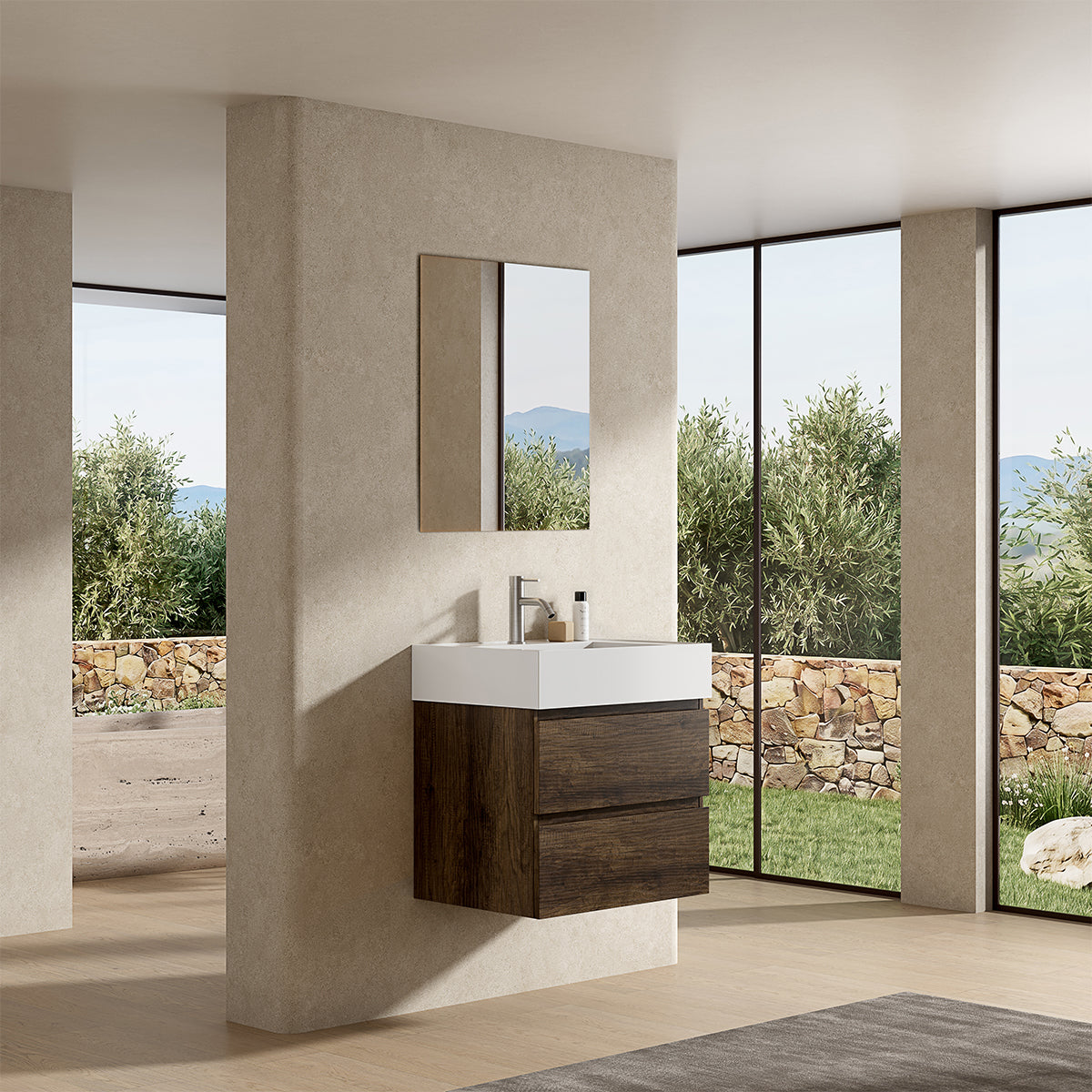 Mobile bagno sospeso 60 cm Bruno Scuro Lavabo in Resina Specchio Quadro - Fiji Wood
