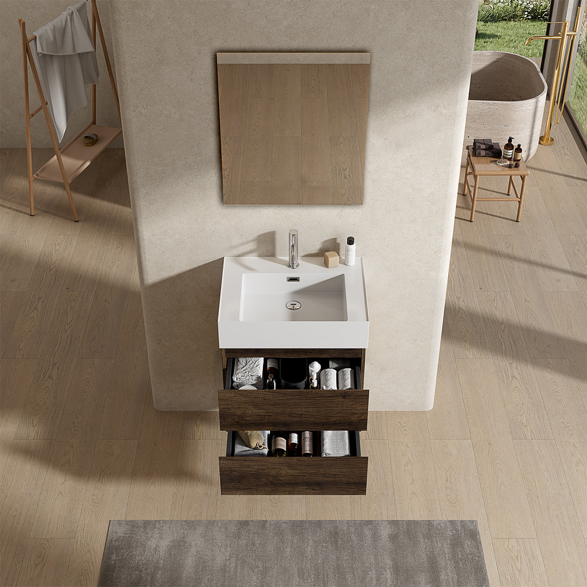 Mobile bagno sospeso 60 cm Bruno Scuro Lavabo in Resina Specchio Quadro - Fiji Wood