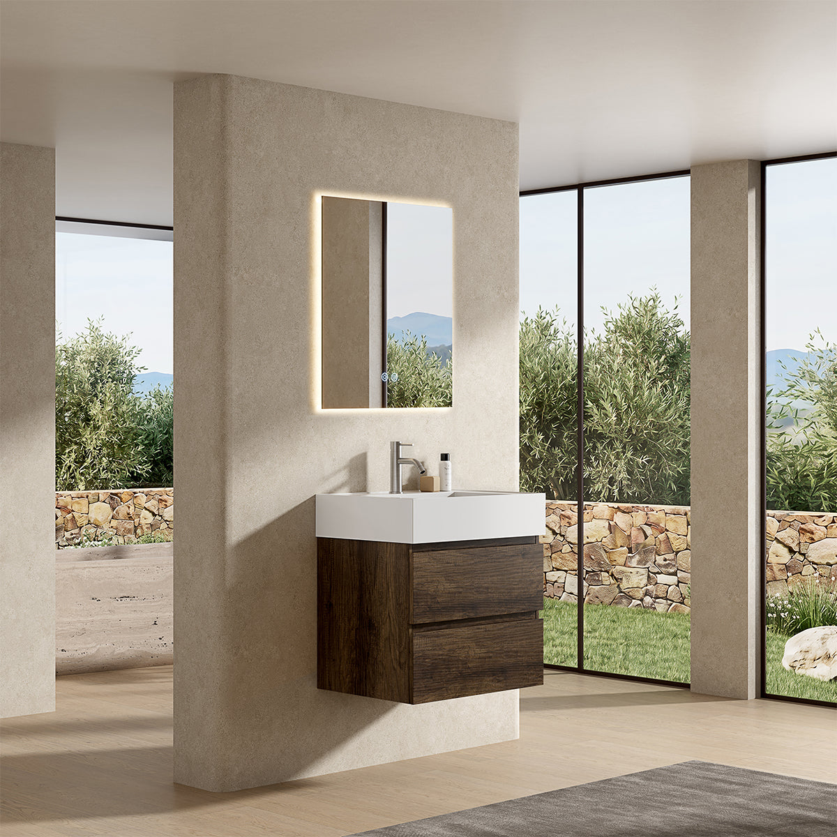 Mobile bagno sospeso 60 cm Bruno Scuro Lavabo in Resina Specchio Quadro Retroilluminato - Fiji Wood