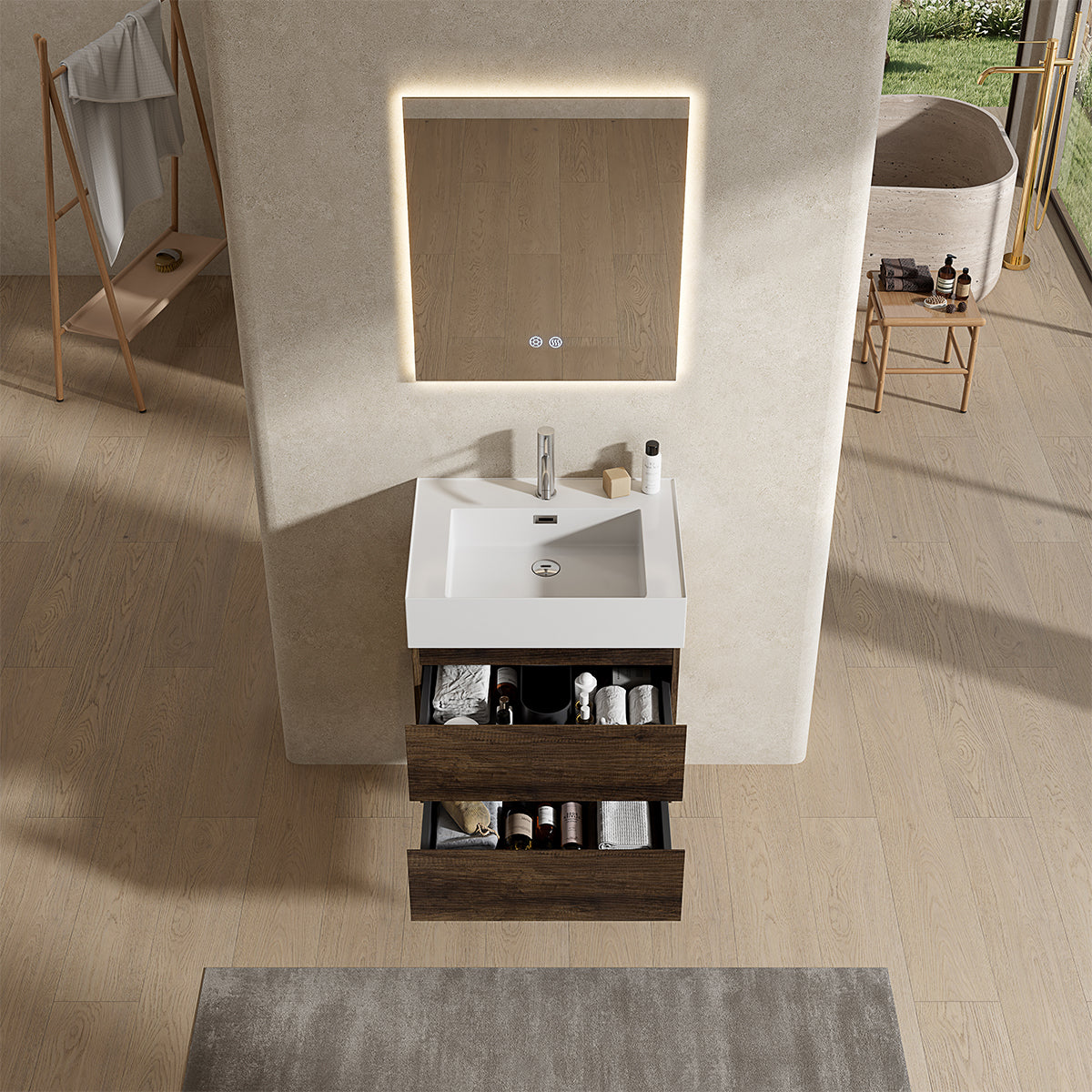 Mobile bagno sospeso 60 cm Bruno Scuro Lavabo in Resina Specchio Quadro Retroilluminato - Fiji Wood