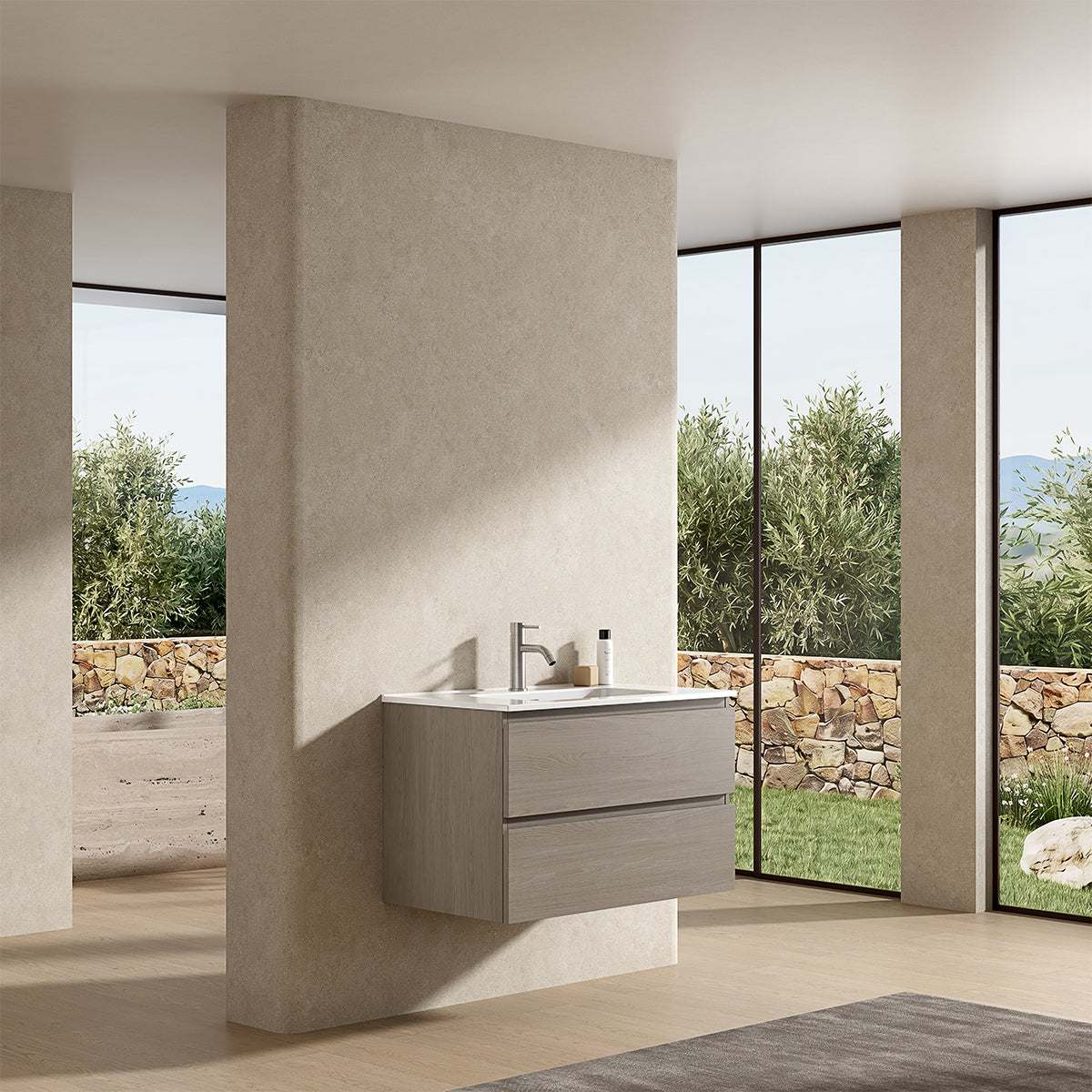 Mobile bagno sospeso 80 cm Beige Lavabo in Ceramica Senza Specchio - Fiji Wood