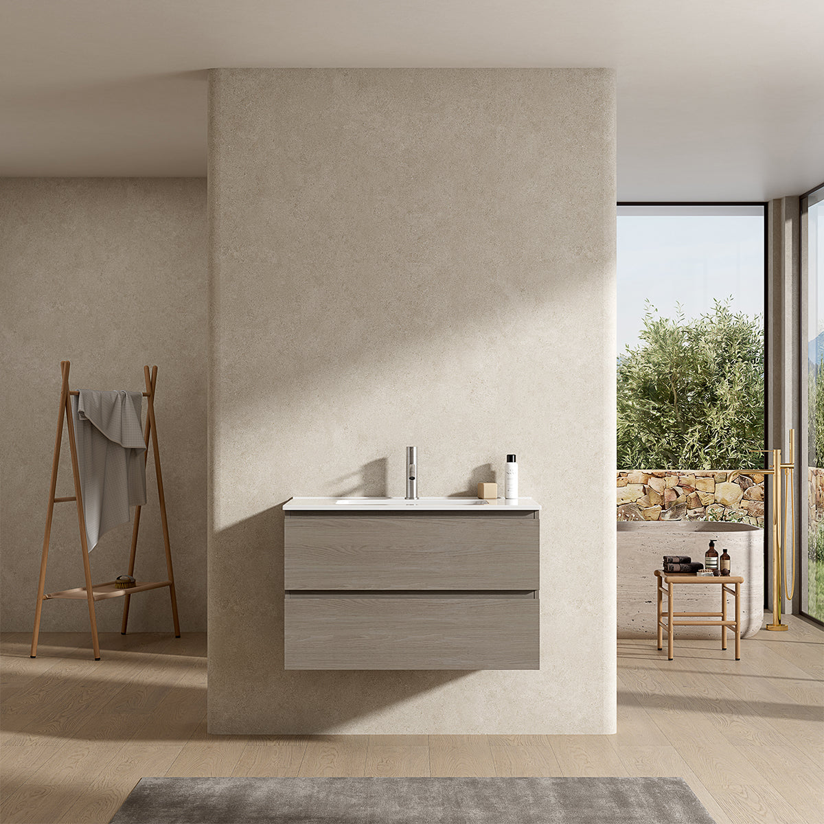Mobile bagno sospeso 80 cm Beige Lavabo in Ceramica Senza Specchio - Fiji Wood