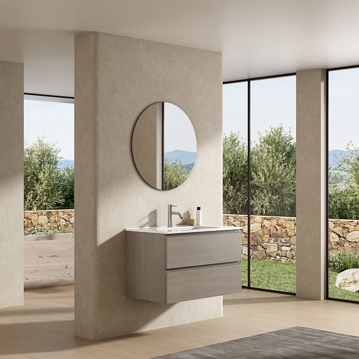 Mobile bagno sospeso 80 cm Beige Lavabo in Ceramica Specchio Tondo - Fiji Wood