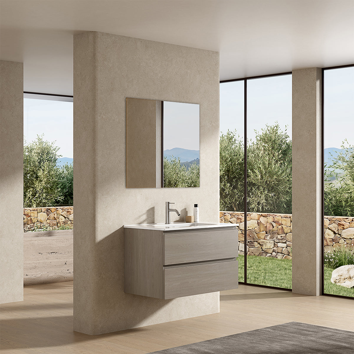 Mobile bagno sospeso 80 cm Beige Lavabo in Ceramica Specchio Quadro - Fiji Wood