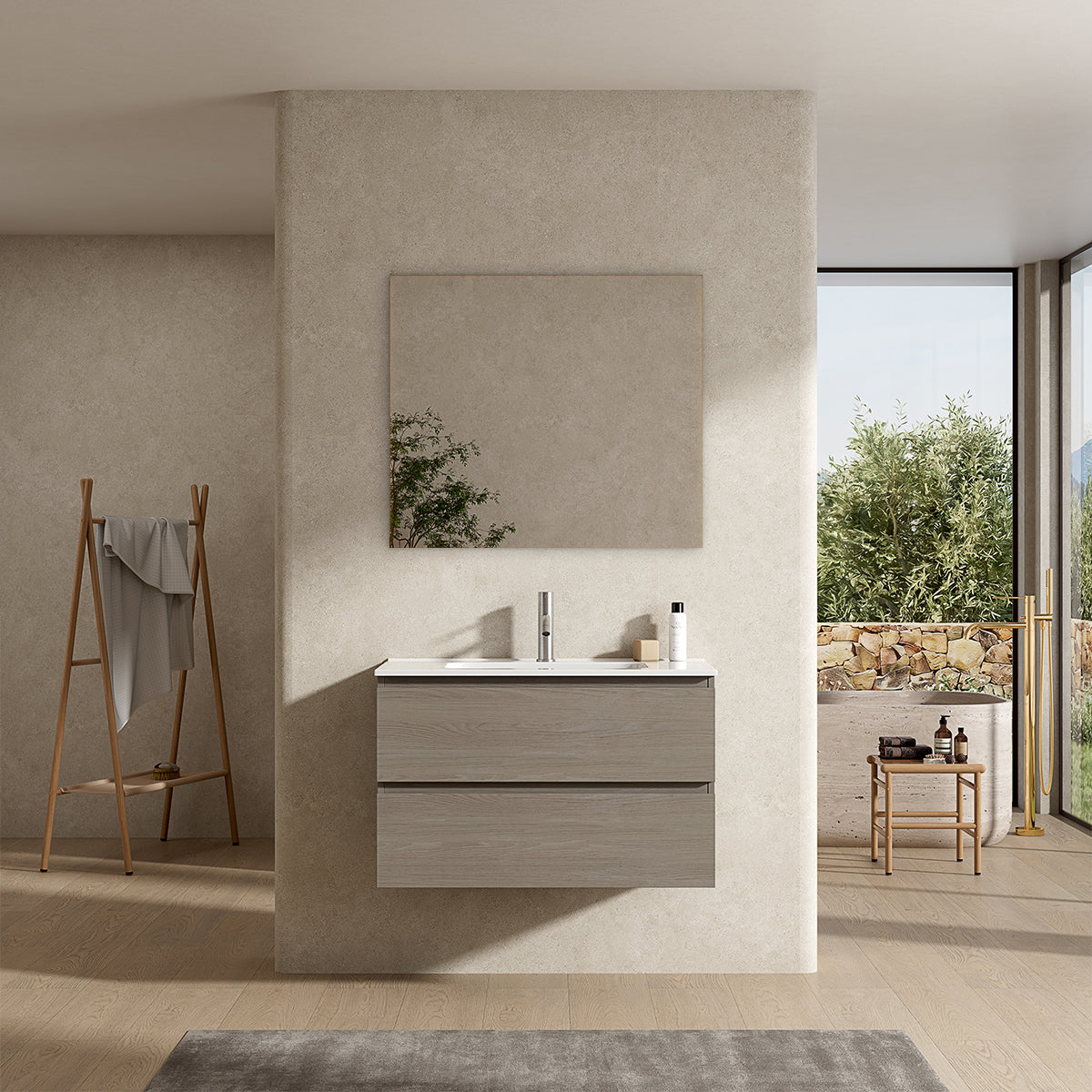 Mobile bagno sospeso 80 cm Beige Lavabo in Ceramica Specchio Quadro - Fiji Wood