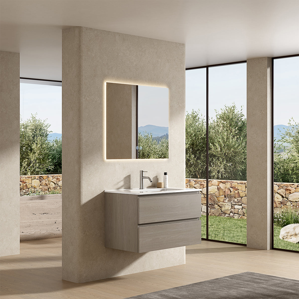 Mobile bagno sospeso 80 cm Beige Lavabo in Ceramica Specchio Quadro Retroilluminato - Fiji Wood