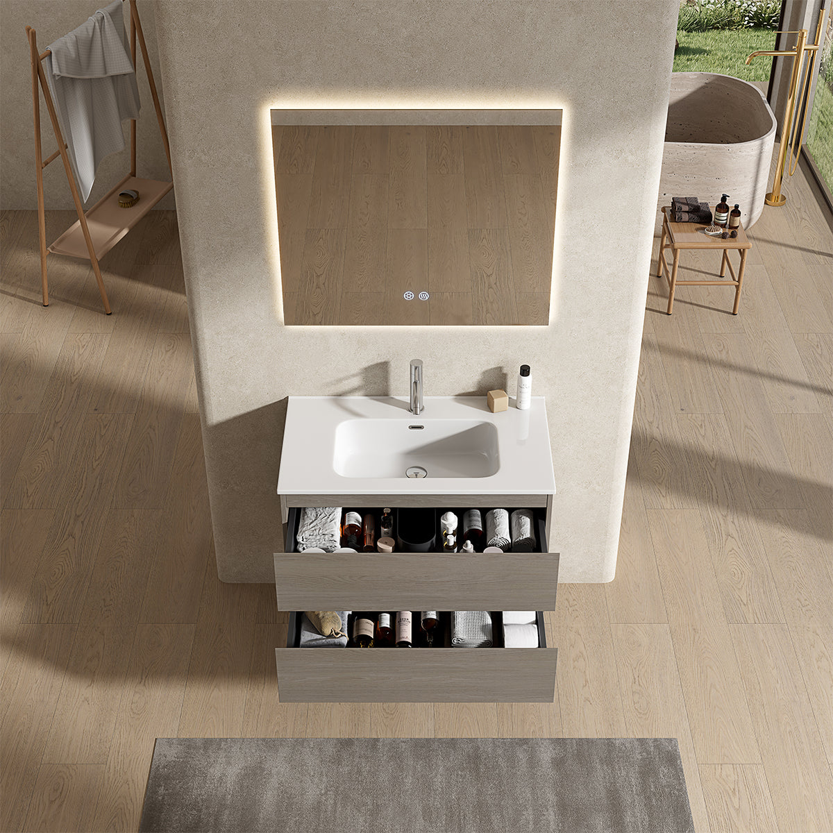 Mobile bagno sospeso 80 cm Beige Lavabo in Ceramica Specchio Quadro Retroilluminato - Fiji Wood