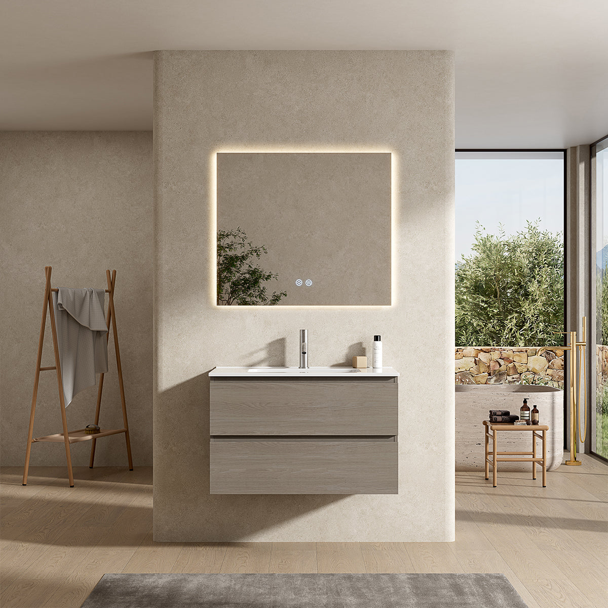 Mobile bagno sospeso 80 cm Beige Lavabo in Ceramica Specchio Quadro Retroilluminato - Fiji Wood
