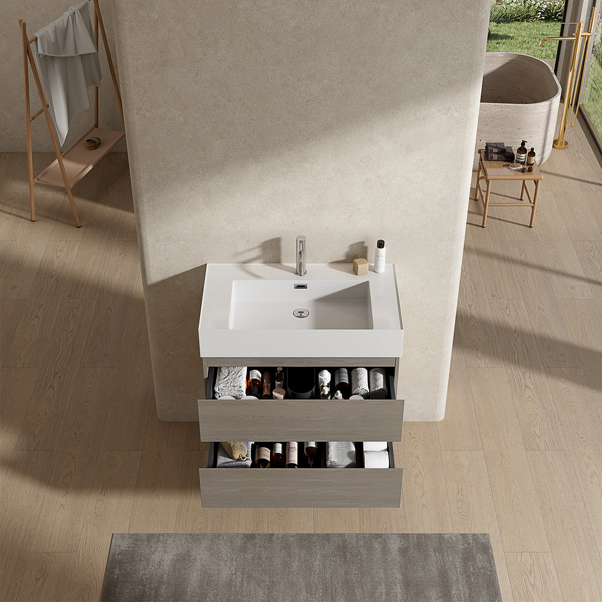 Mobile bagno sospeso 80 cm Beige Lavabo in Resina Senza Specchio - Fiji Wood