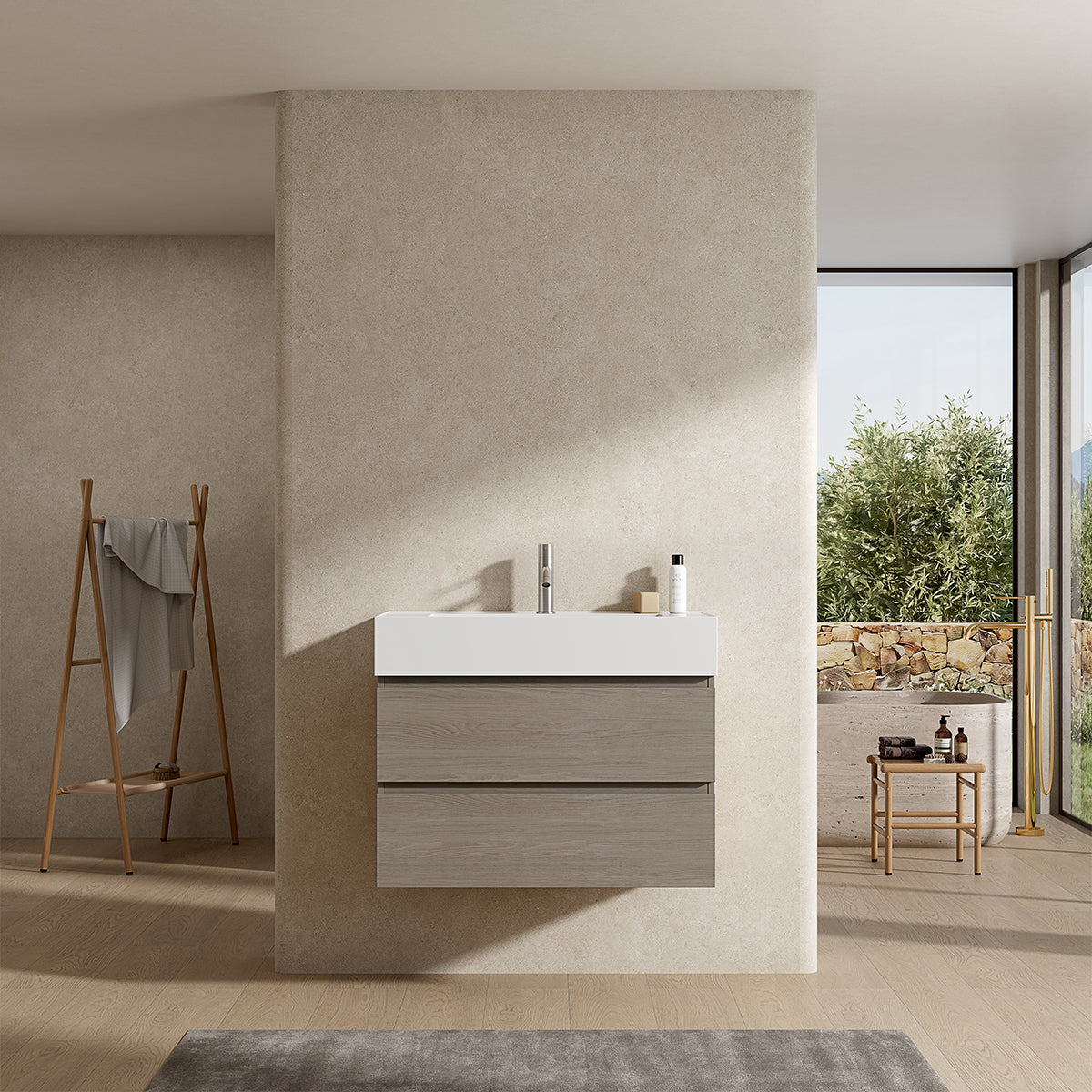 Mobile bagno sospeso 80 cm Beige Lavabo in Resina Senza Specchio - Fiji Wood
