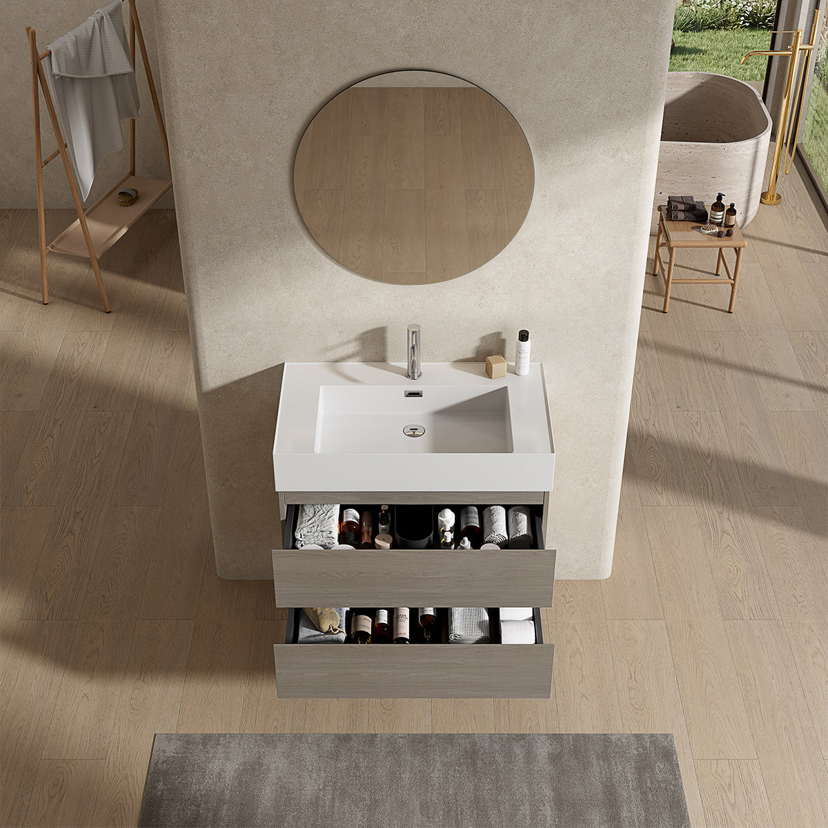 Mobile bagno sospeso 80 cm Beige Lavabo in Resina Specchio Tondo - Fiji Wood