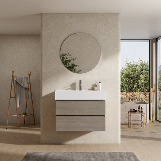 Mobile bagno sospeso 80 cm Beige Lavabo in Resina Specchio Tondo - Fiji Wood