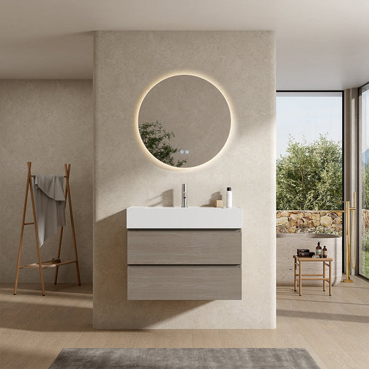 Mobile bagno sospeso 80 cm Beige Lavabo in Resina Specchio Tondo Retroilluminato - Fiji Wood