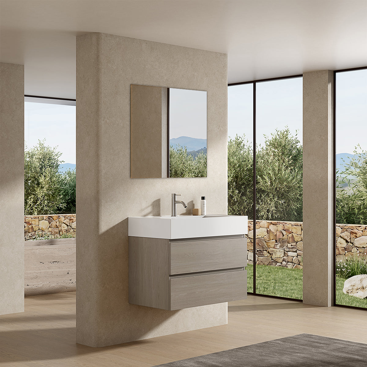 Mobile bagno sospeso 80 cm Beige Lavabo in Resina Specchio Quadro - Fiji Wood