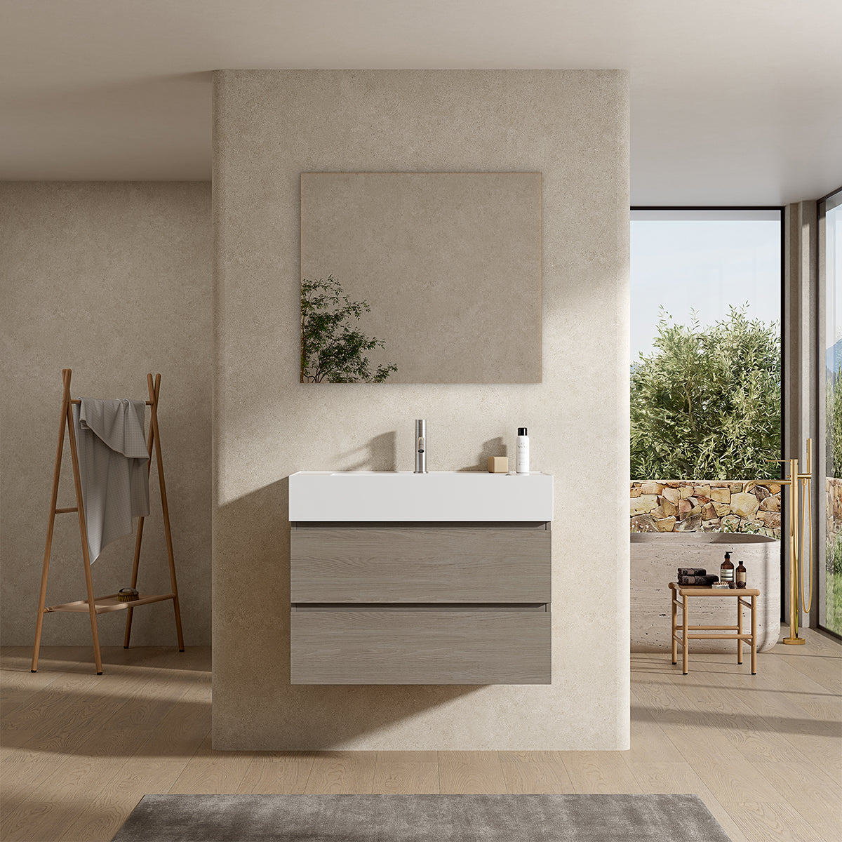 Mobile bagno sospeso 80 cm Beige Lavabo in Resina Specchio Quadro - Fiji Wood
