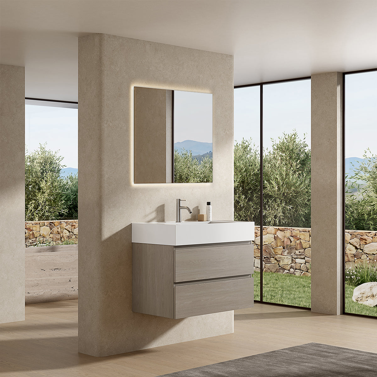Mobile bagno sospeso 80 cm Beige Lavabo in Resina Specchio Quadro Retroilluminato - Fiji Wood