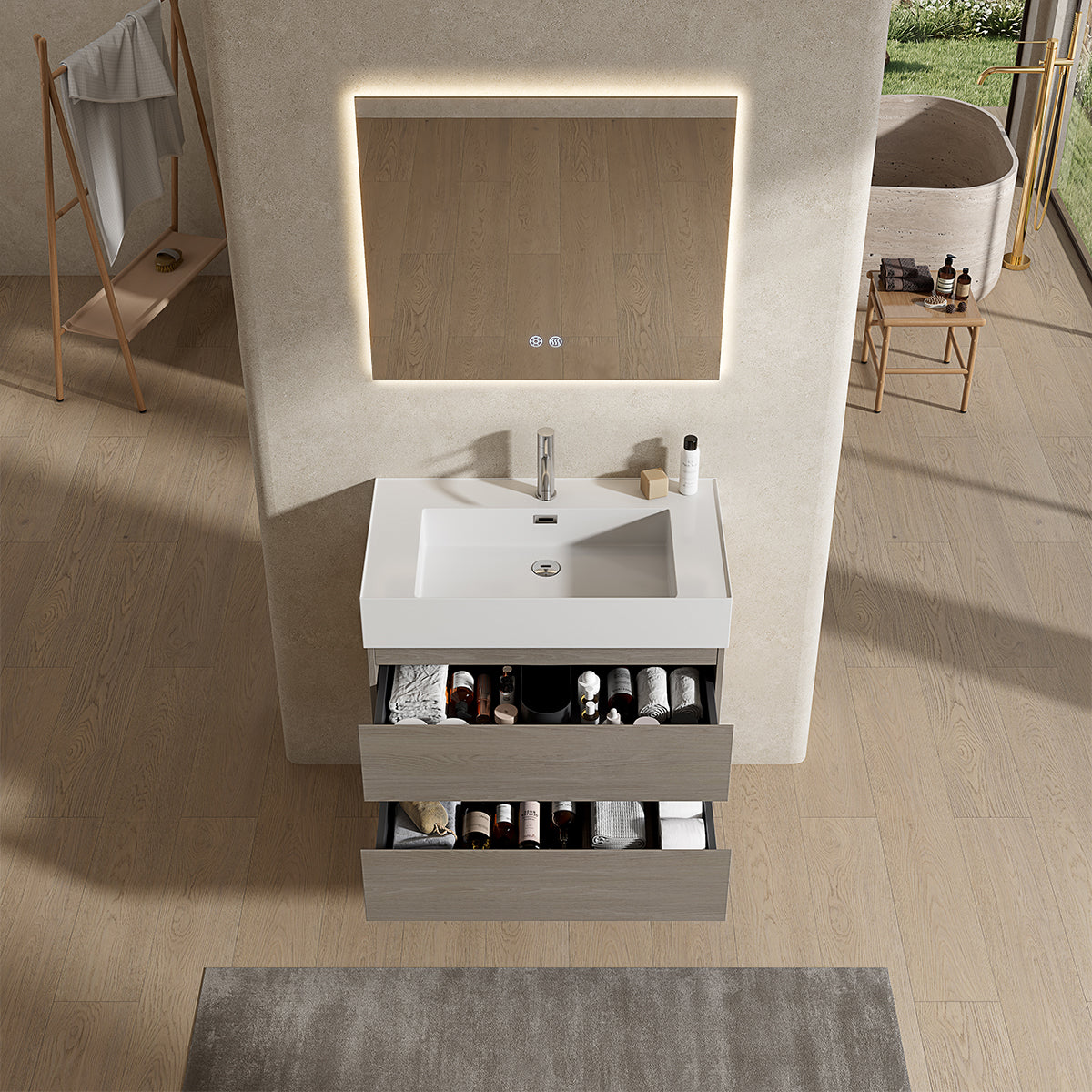 Mobile bagno sospeso 80 cm Beige Lavabo in Resina Specchio Quadro Retroilluminato - Fiji Wood