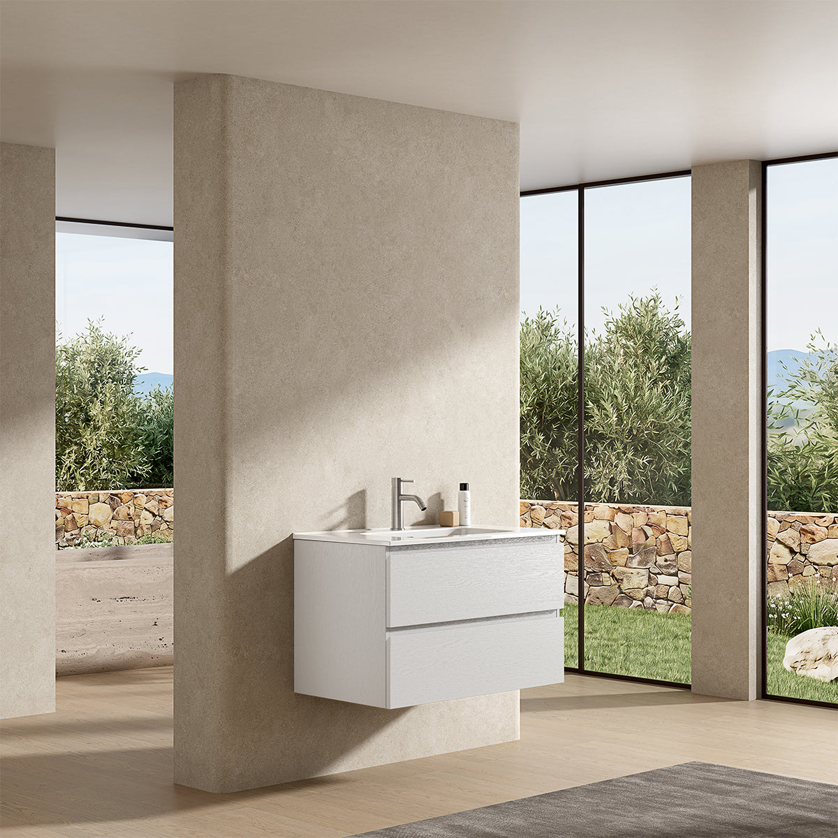 Mobile bagno sospeso 80 cm Bianco Lavabo in Ceramica Senza Specchio - Fiji Wood