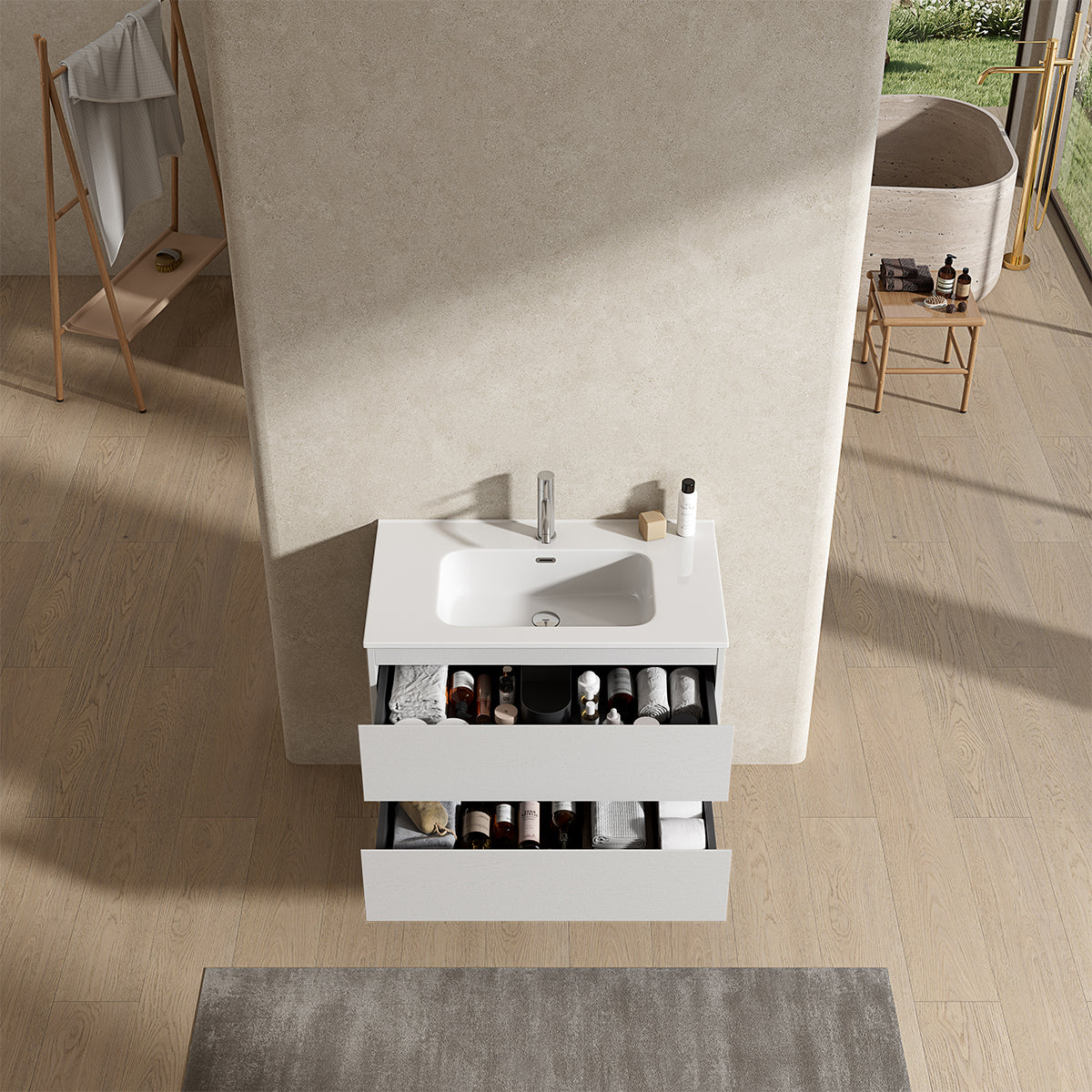 Mobile bagno sospeso 80 cm Bianco Lavabo in Ceramica Senza Specchio - Fiji Wood