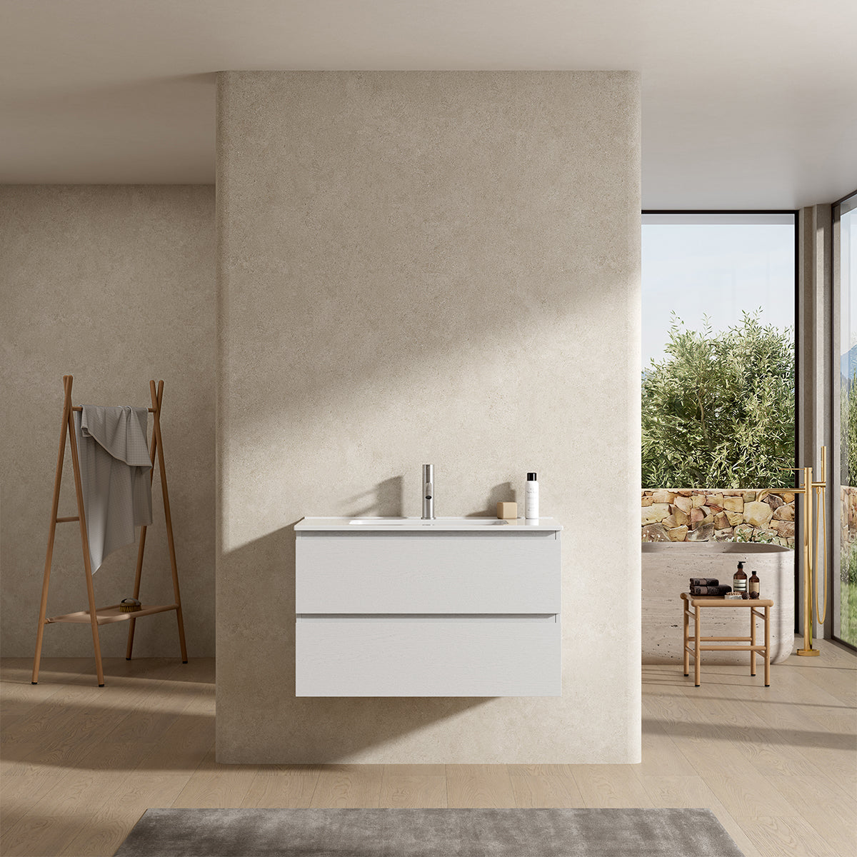 Mobile bagno sospeso 80 cm Bianco Lavabo in Ceramica Senza Specchio - Fiji Wood