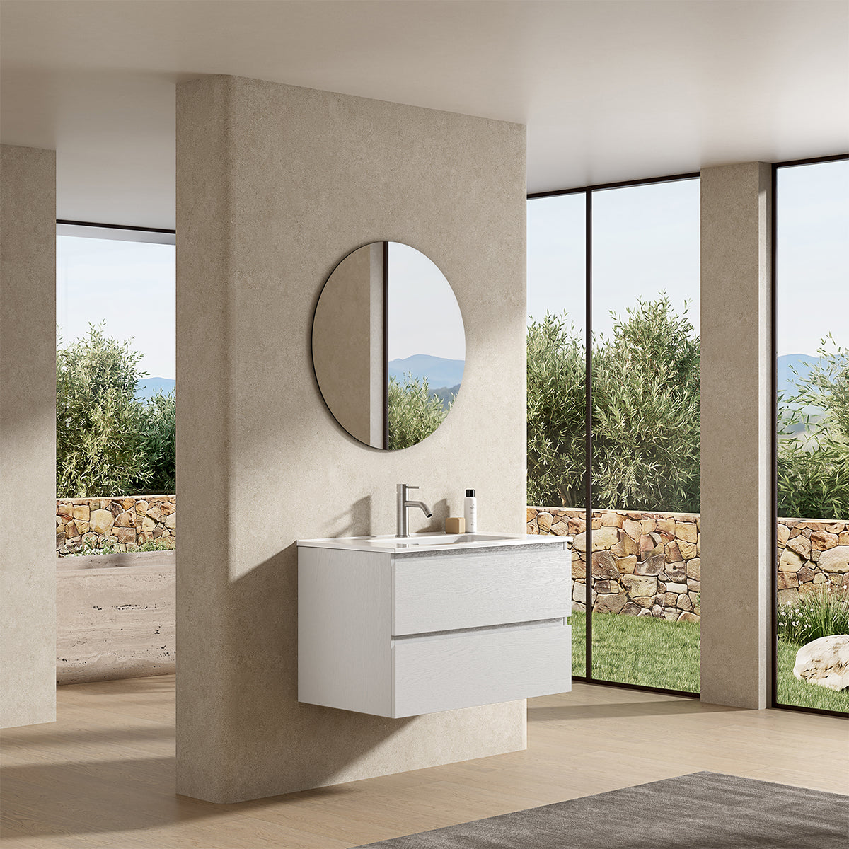 Mobile bagno sospeso 80 cm Bianco Lavabo in Ceramica Specchio Tondo - Fiji Wood