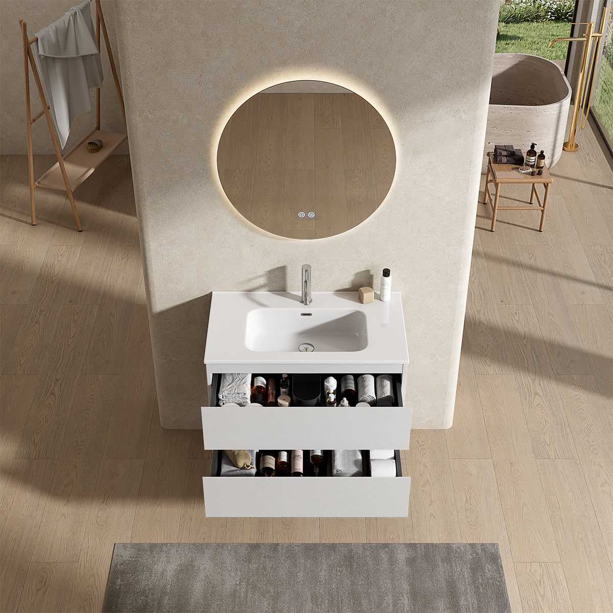 Mobile bagno sospeso 80 cm Bianco Lavabo in Ceramica Specchio Tondo Retroilluminato - Fiji Wood