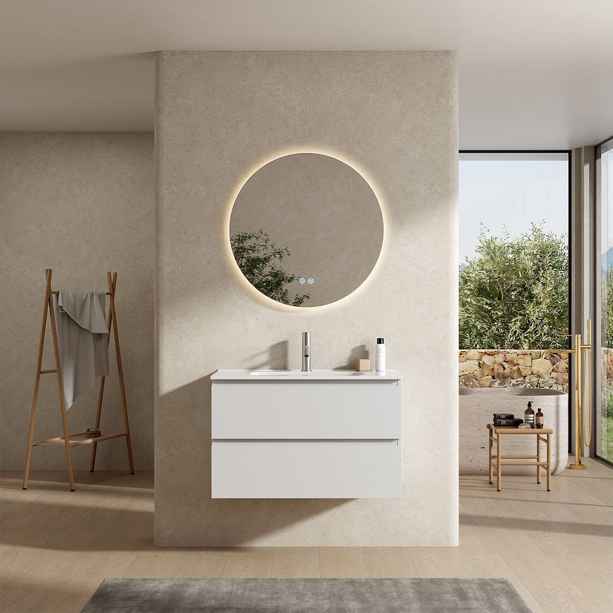 Mobile bagno sospeso 80 cm Bianco Lavabo in Ceramica Specchio Tondo Retroilluminato - Fiji Wood