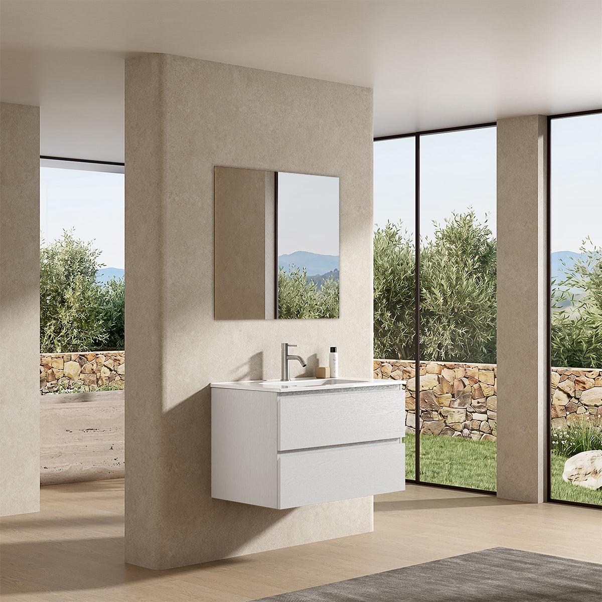 Mobile bagno sospeso 80 cm Bianco Lavabo in Ceramica Specchio Quadro - Fiji Wood