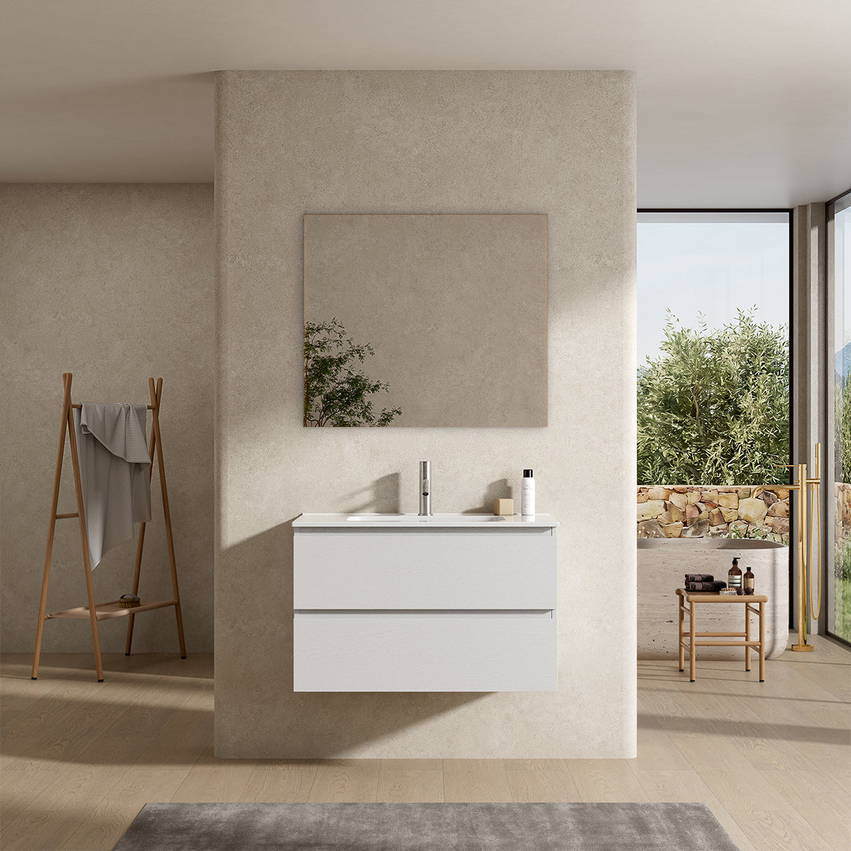 Mobile bagno sospeso 80 cm Bianco Lavabo in Ceramica Specchio Quadro - Fiji Wood