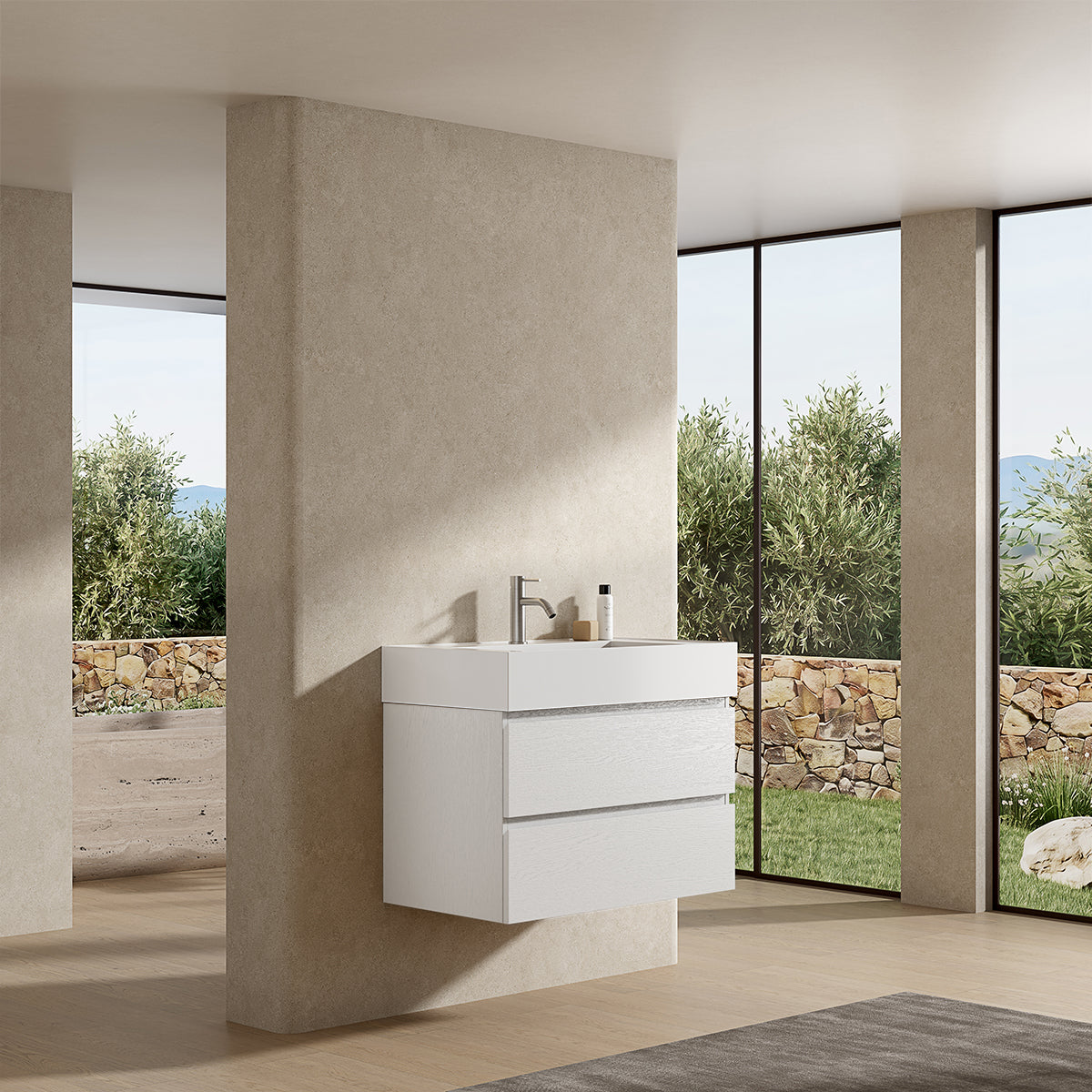 Mobile bagno sospeso 80 cm Bianco Lavabo in Resina Senza Specchio - Fiji Wood