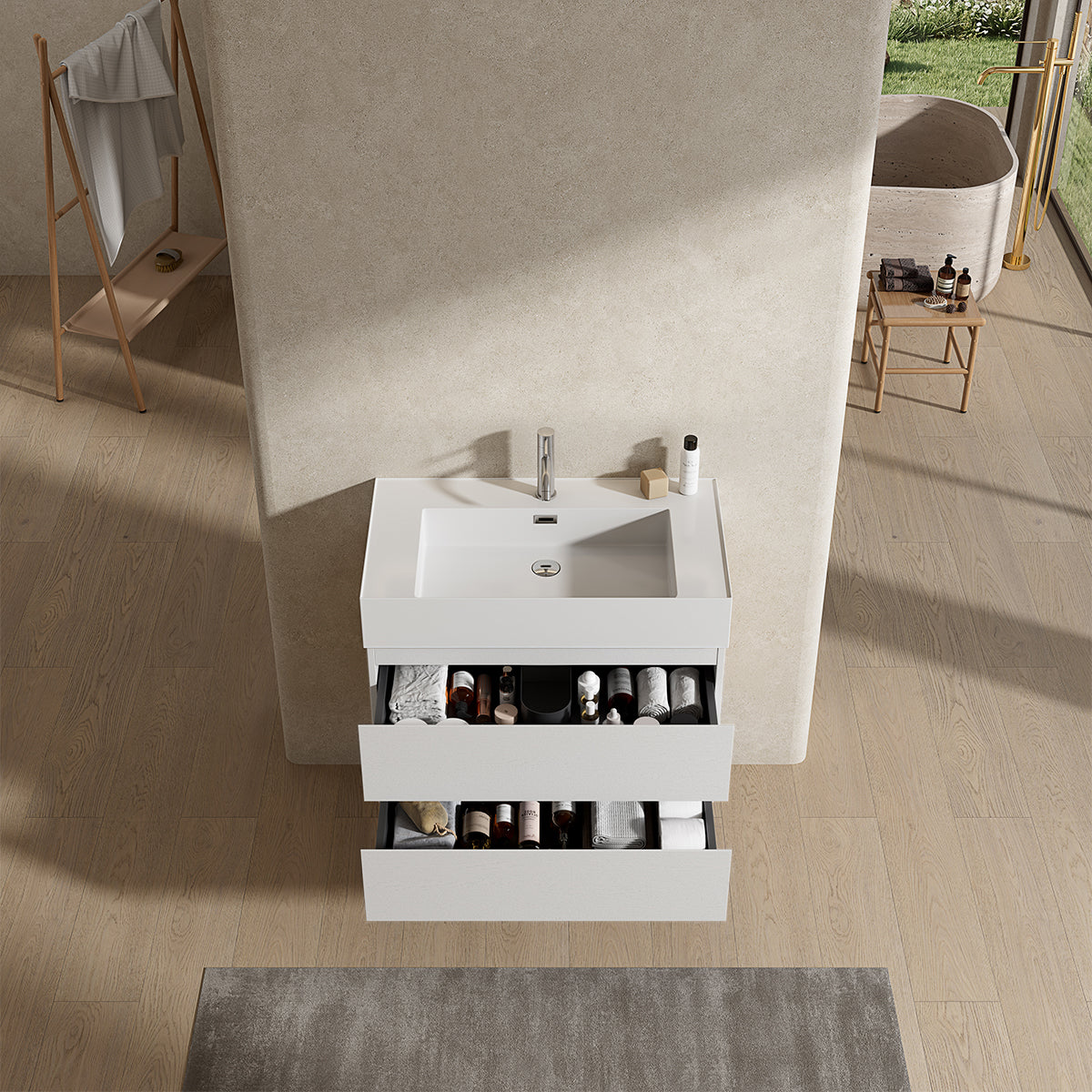 Mobile bagno sospeso 80 cm Bianco Lavabo in Resina Senza Specchio - Fiji Wood