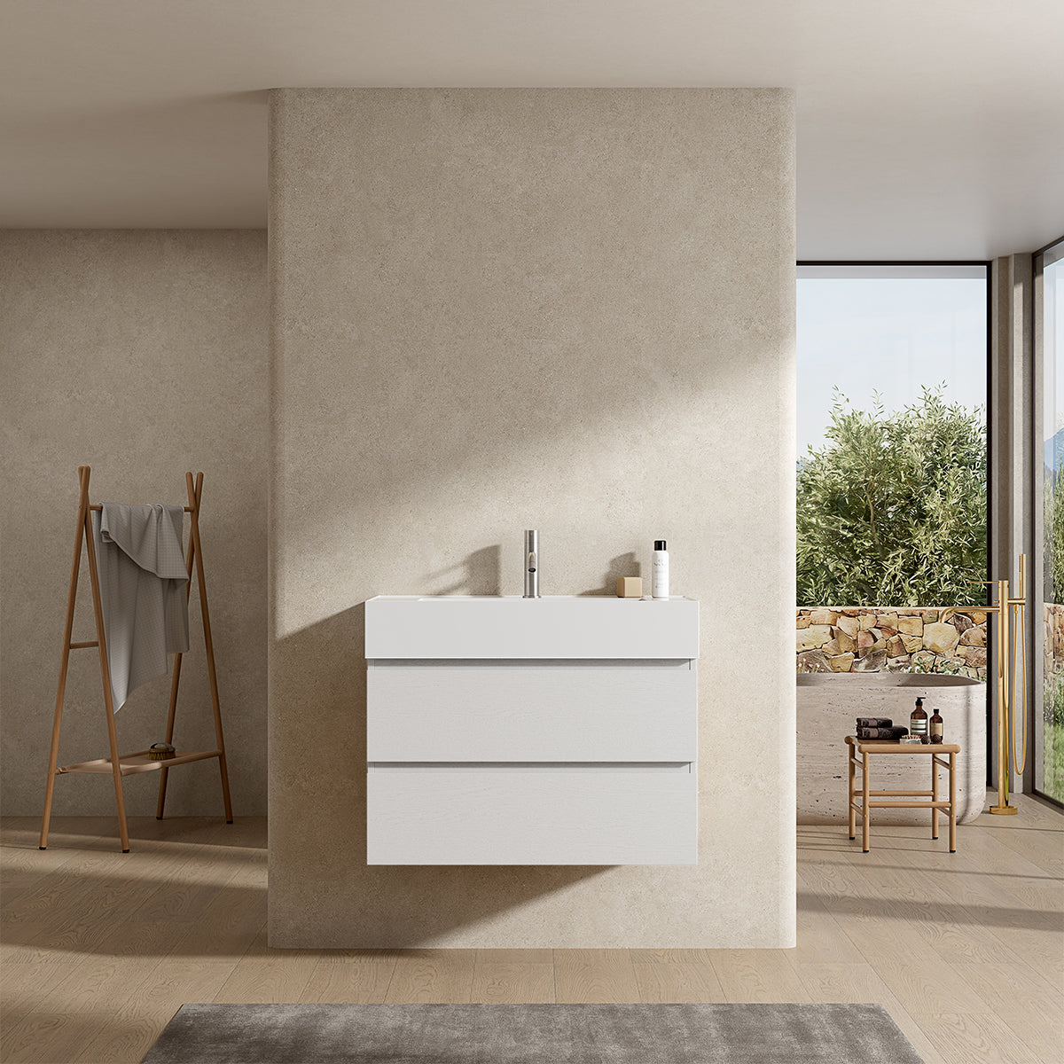 Mobile bagno sospeso 80 cm Bianco Lavabo in Resina Senza Specchio - Fiji Wood